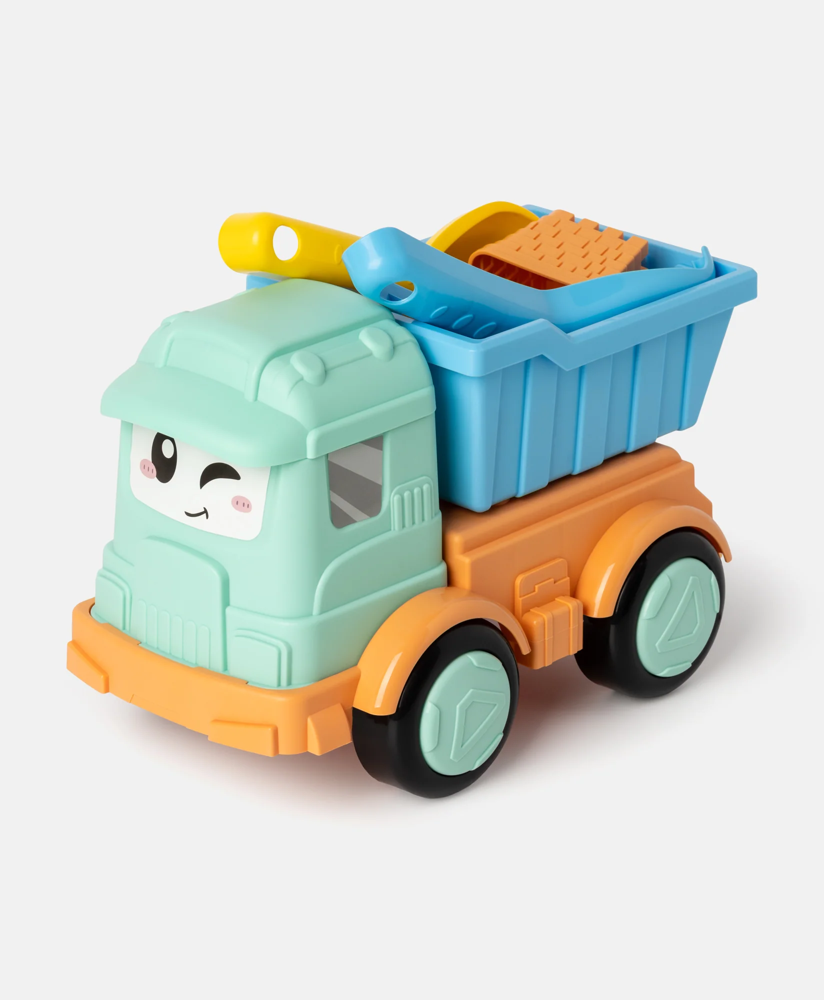 Zestaw zabawek do piasku z wywrotką, łopatką i grabkami