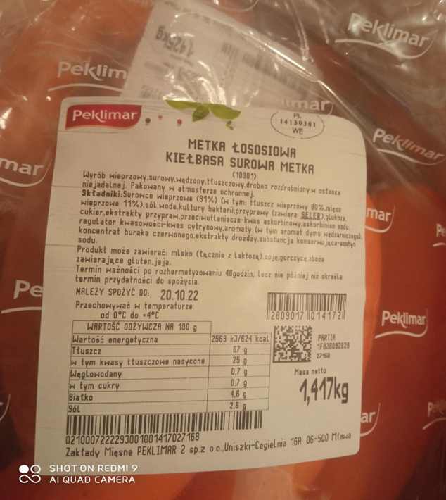 Metka łososiowa Kiełbasa Surowa Metka (opakowanie MAP o średniej wadze ok. 1,4 kg) – Listeria