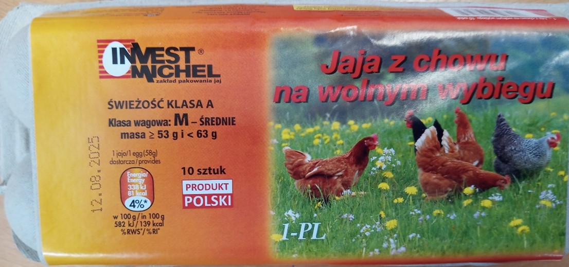 Jaja z chowu na wolnym wybiegu, 1-PL, świeżość klasa A, klasa wagowa M – Salmonella