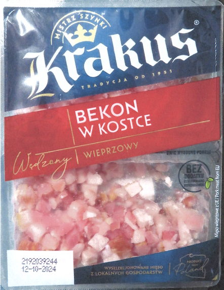 Bekon w kostce, wędzony, wieprzowy, 150 g (2 x 75 g) – boczek wieprzowy wędzony – Listeria