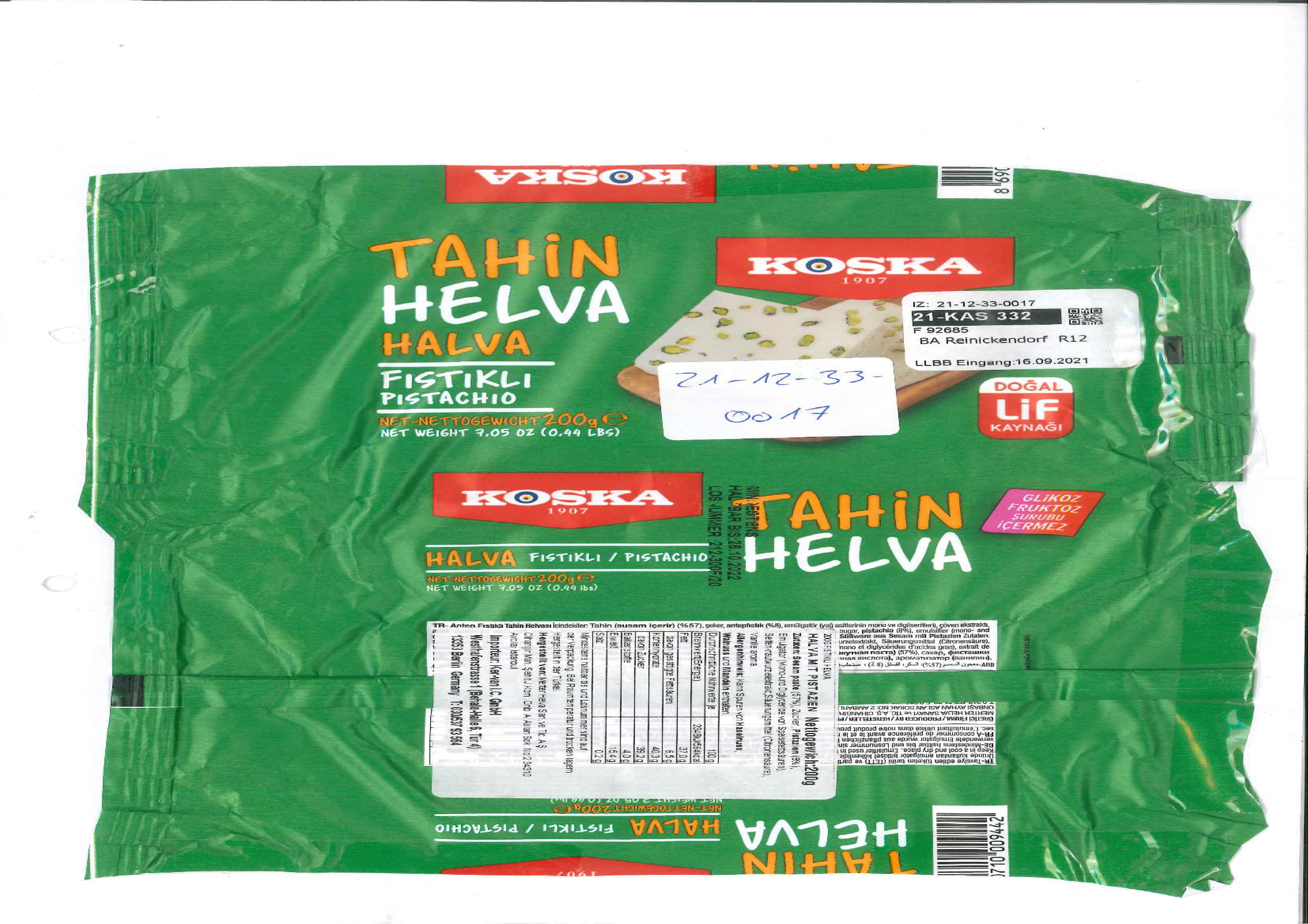 chałwa z pistacjami pn. TAHIN HELVA HALVA, FISTIKLI / PISTACHIO marki: KOSKA 1907, 200 g – Salmonella