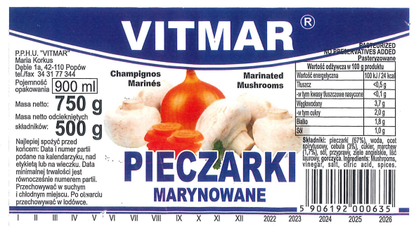PIECZARKI MARYNOWANE VITMAR, 750 g – wycofany produkt