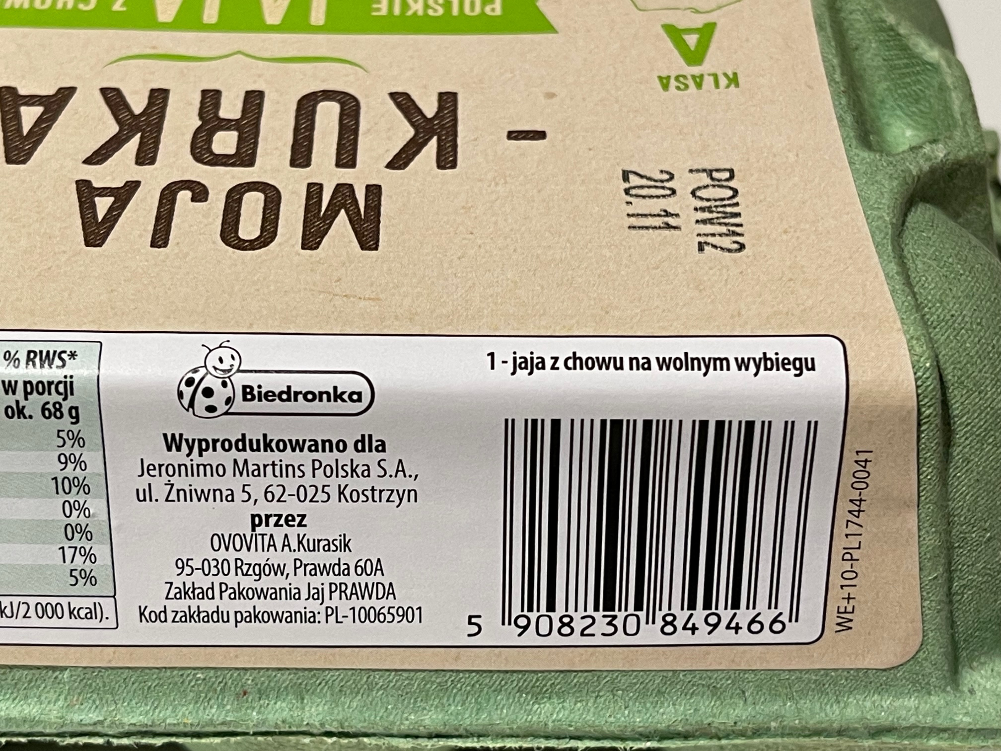 Moja kurka polskie jaja z chowu na wolnym wybiegu Klasa A, rozm. L – Salmonella