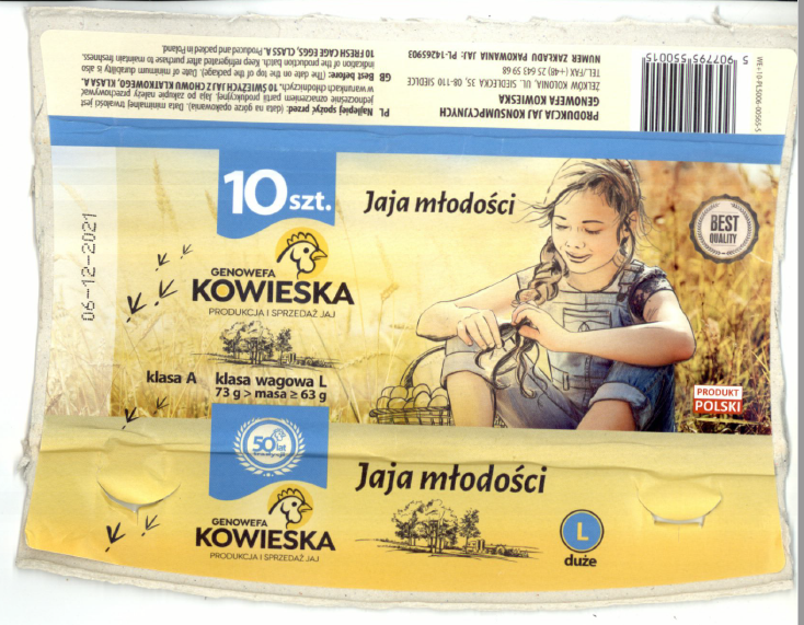 10 Świeżych jaj z chowu klatkowego, klasa A, klasa wagowa L, Jaja młodości Genowefa Kowieska – Salmonella