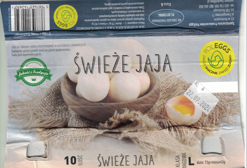 Świeże jaja, klasa A, 3 – jaja z chowu klatkowego, klasa wagowa L – Salmonella