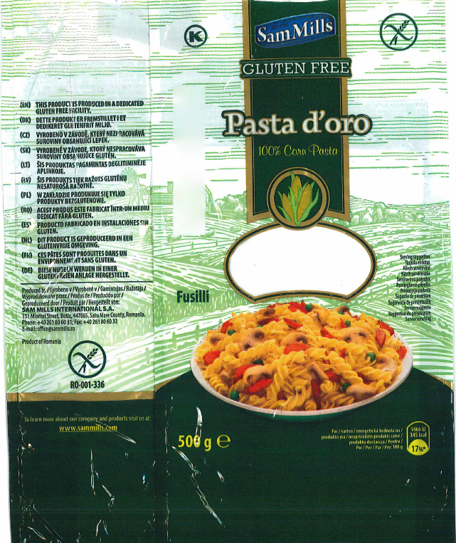 Sam Mills GLUTEN FREE Pasta d'oro 100% Corn Pasta Fusilli – wycofany produkt